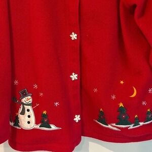 C&B Sport Woman Red Fleece Button Up Christmas Sweater Snowman Trees Size 1X